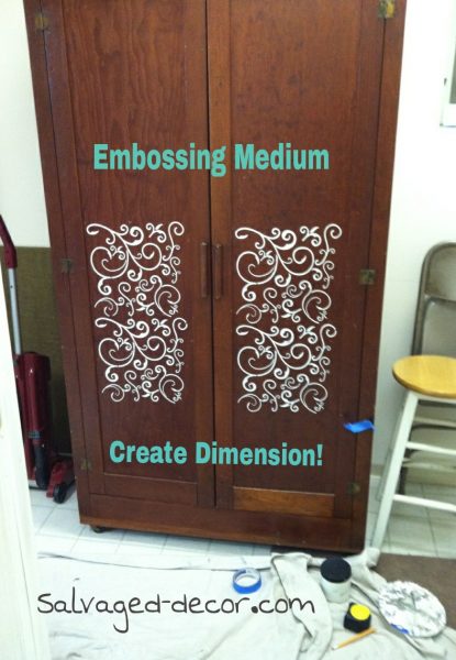 Repurposed cabinet using Miss Mustard Seed's Milk Paint in Curio and Artissimo with an added raised Stencil