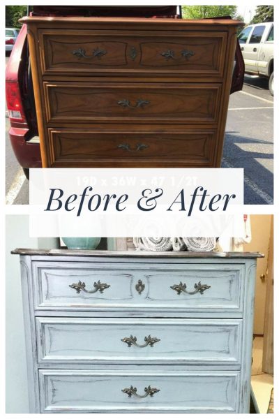 Before & After of French Provincial dresser makeover using Skeleton Key DIY Paint from Debbie's Design Diary