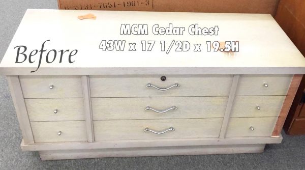 Before of our Cedar Chest Makeover using Monahan Papers. PLUS, learn our secret to replacing missing trim pieces.